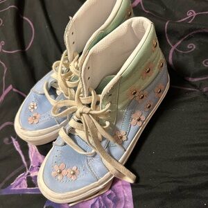 Vans Kids Sneakers in Blue and Green with Pink Flowers